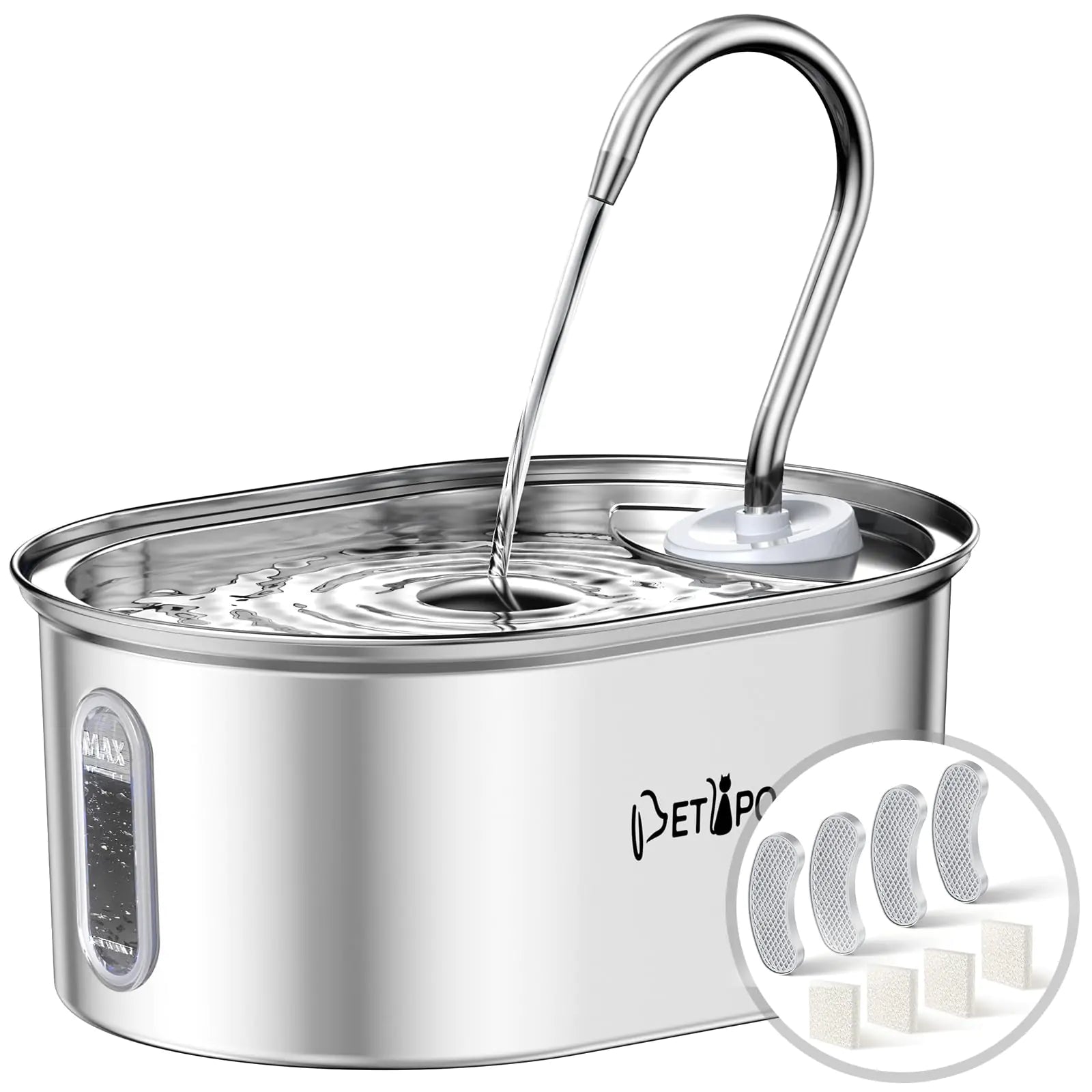 Cat Water Fountain Stainless Steel 0.8gal/108oz Pet Fountain with Water Level Window Cat Fountain with Ultra-Quiet Pump Dishwasher Safe Kitty Spout for Cats Inside with 4 Filters 4 Sponges